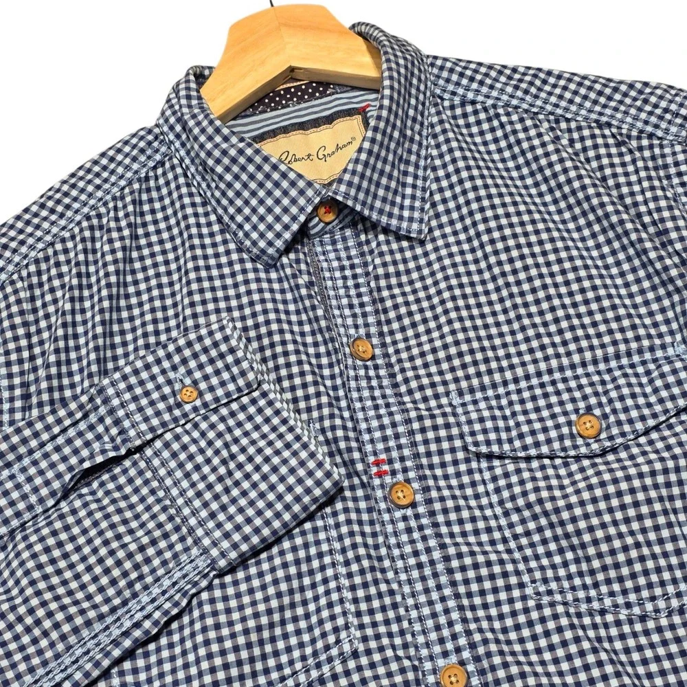 Robert Graham Button Down Mens Large Blue Gingham Plaid Long‎ Sleeve Shirt